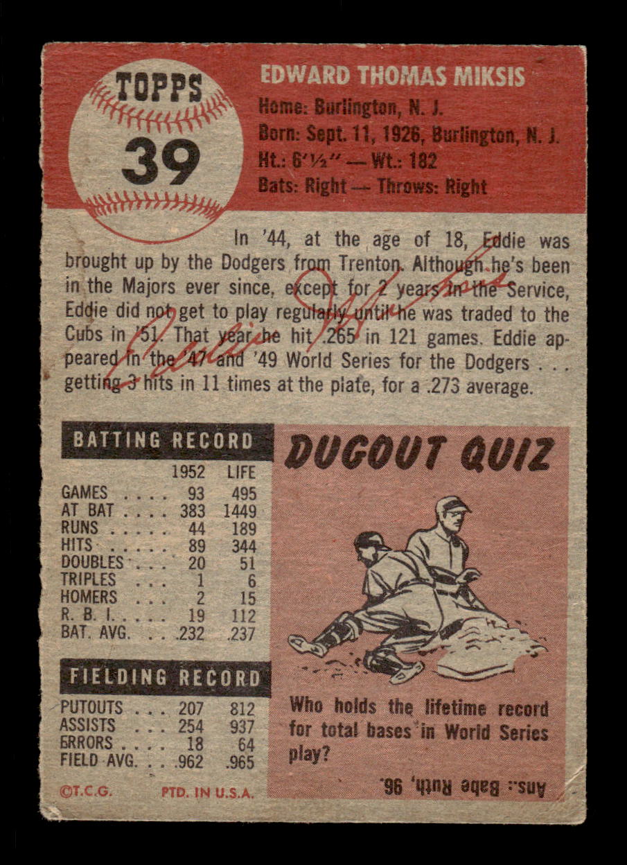 1953 Topps #39 Eddie Miksis Chicago Cubs LOW GRADE CS26017419