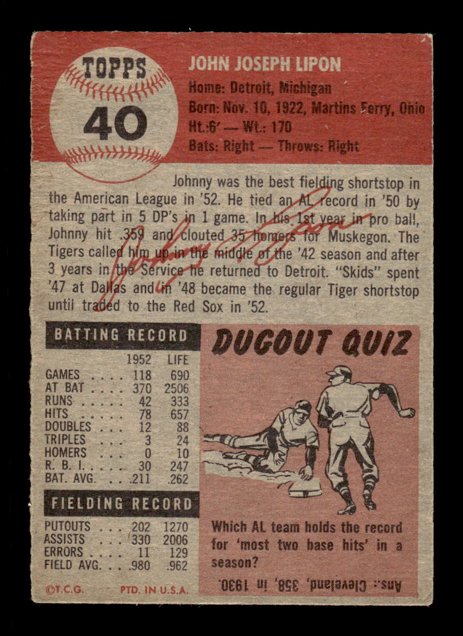 1953 Topps #40 Johnny Lipon Boston Red Sox LOW GRADE CS26017420