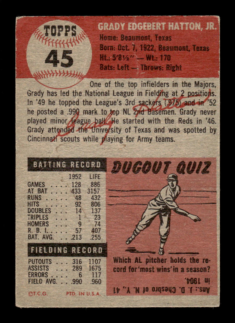1953 Topps #45 Grady Hatton Cincinnati Reds VG CS26017421