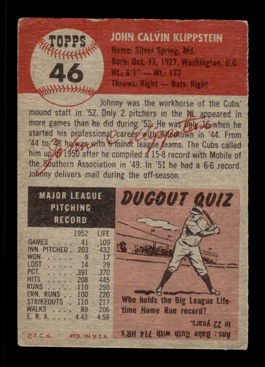 1953 Topps #46 Johnny Klippstein Chicago Cubs VG CS26017424