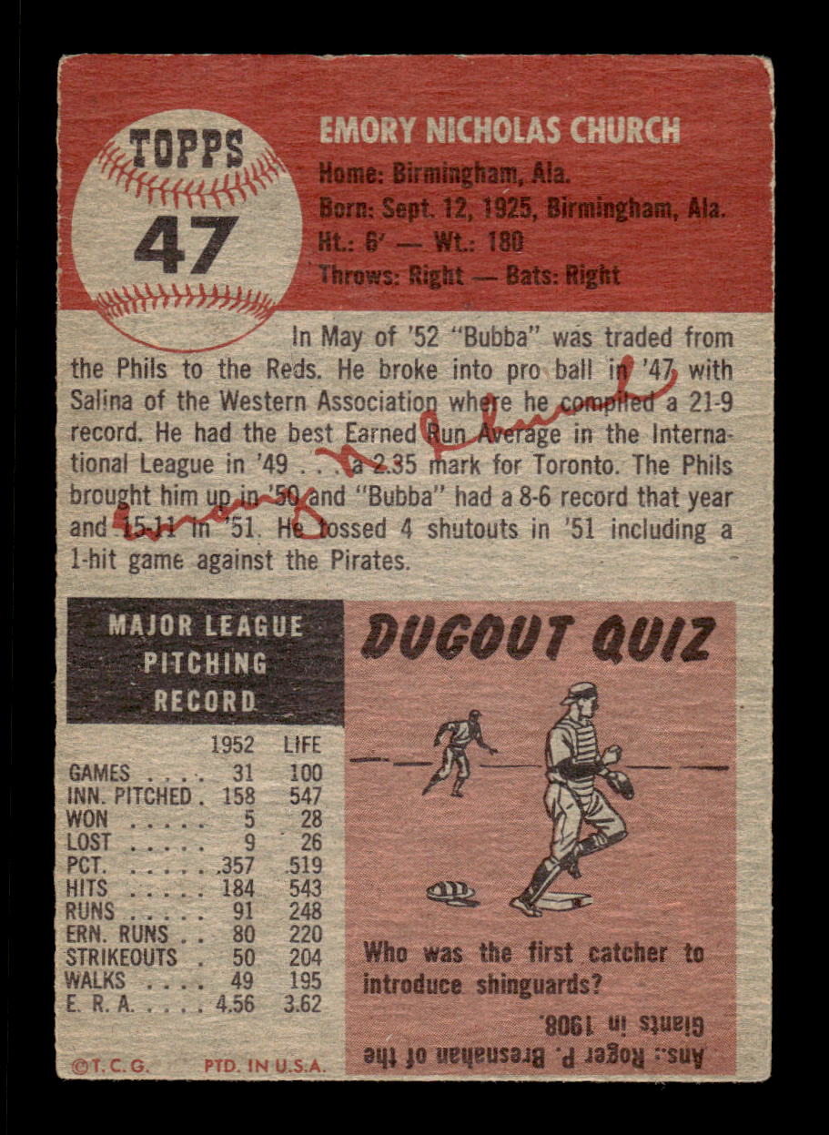 1953 Topps #47 Bubba Church Cincinnati Reds VG CS26017425