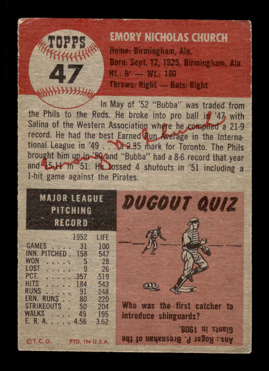 1953 Topps #47 Bubba Church Cincinnati Reds VG CS26017426