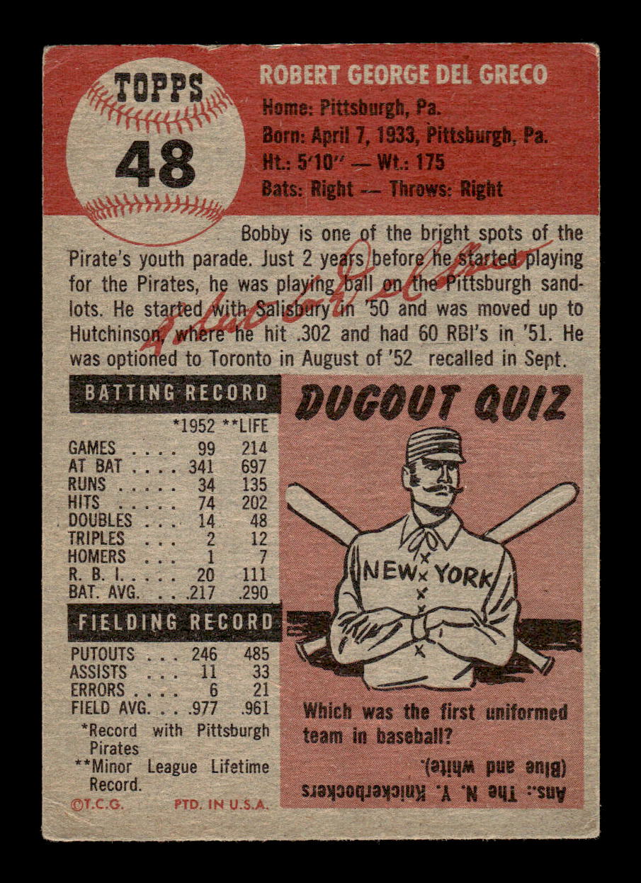 1953 Topps #48 Bob Del Greco Pittsburgh Pirates VG CS26017427
