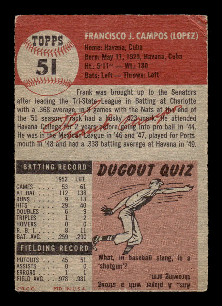 1953 Topps #51 Frank Campos Washington Senators VG CS26017431