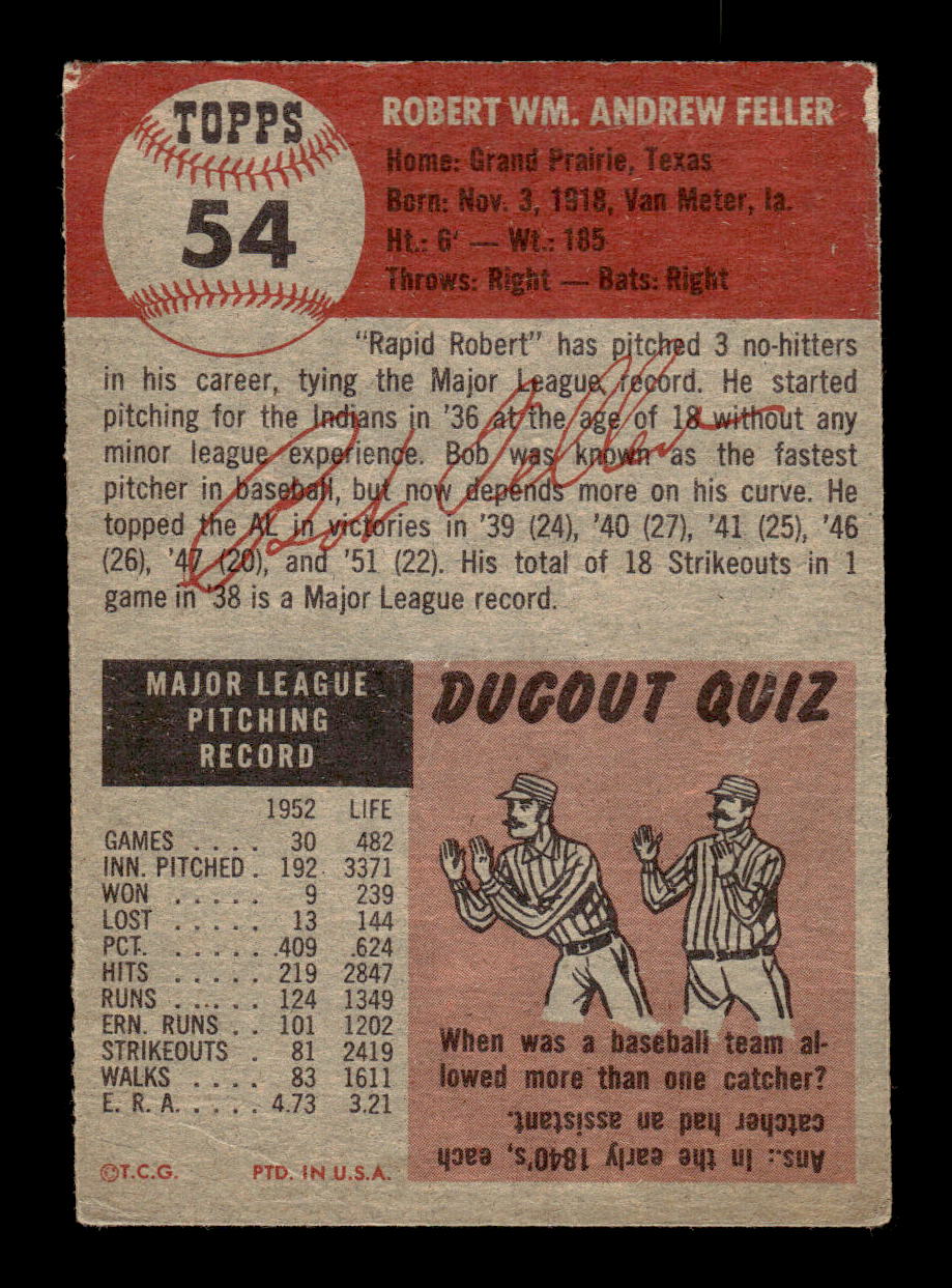1953 Topps #54 Bob Feller Cleveland Indians VG CS26017433