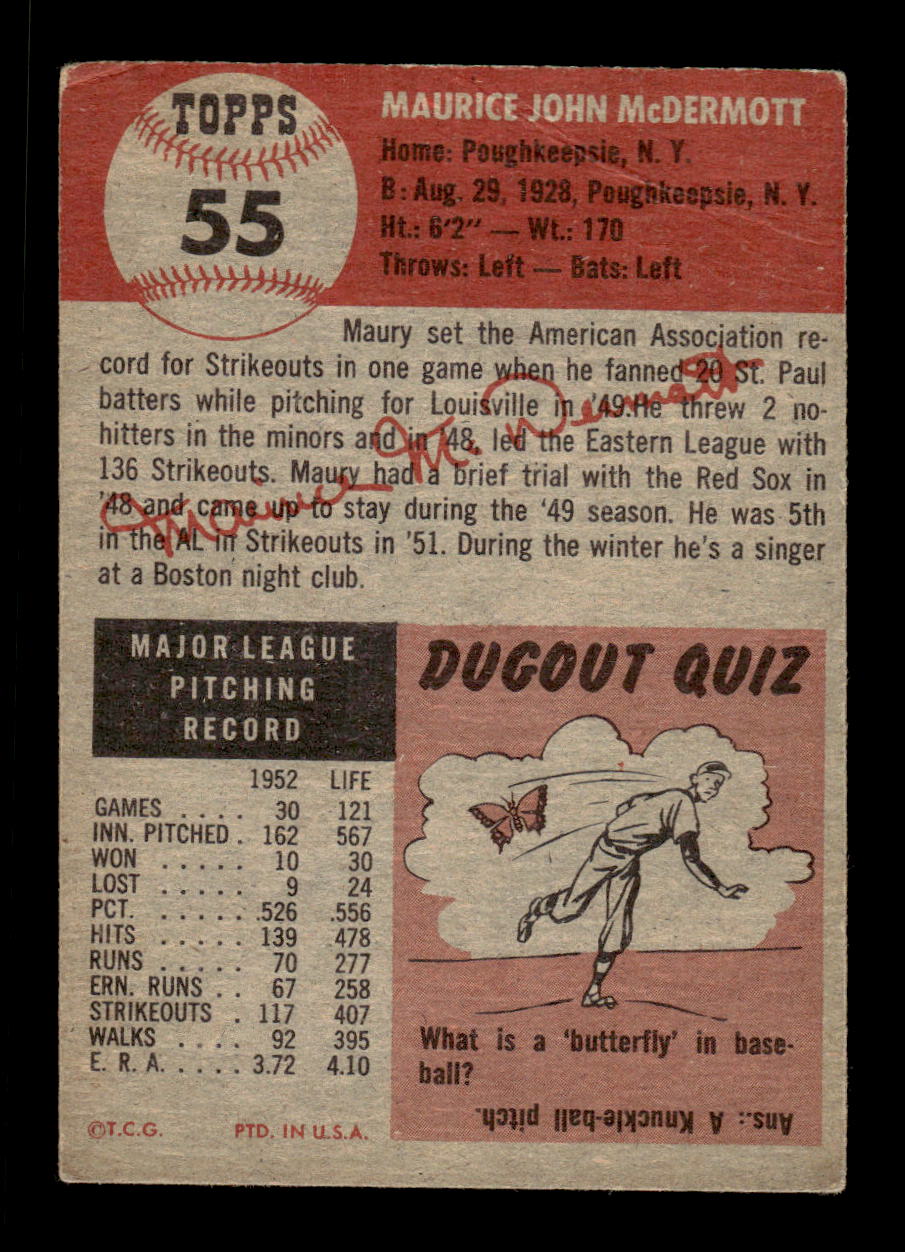 1953 Topps #55 Maurice McDermott Boston Red Sox LOW GRADE CS26017434