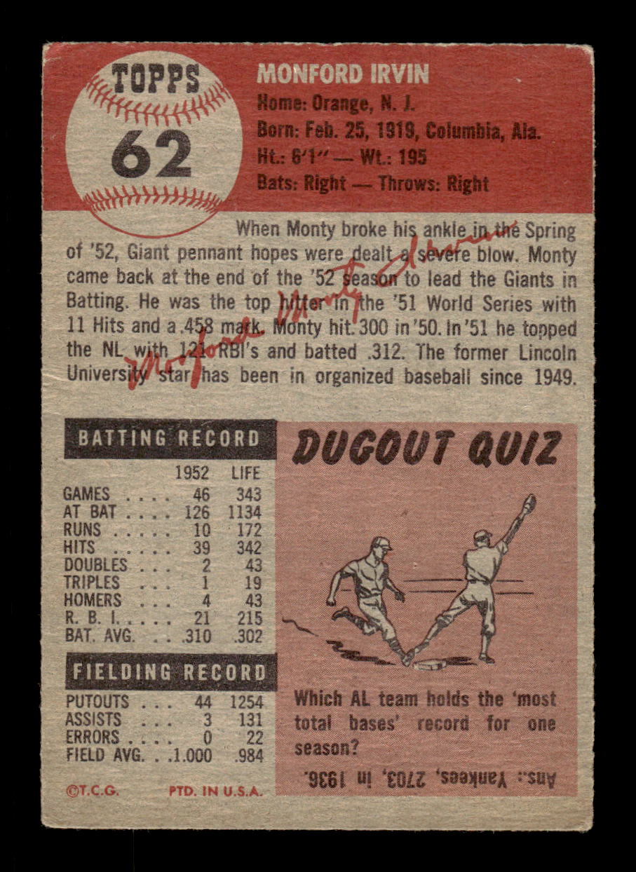 1953 Topps #62 Monte Irvin New York Giants VG CS26017439