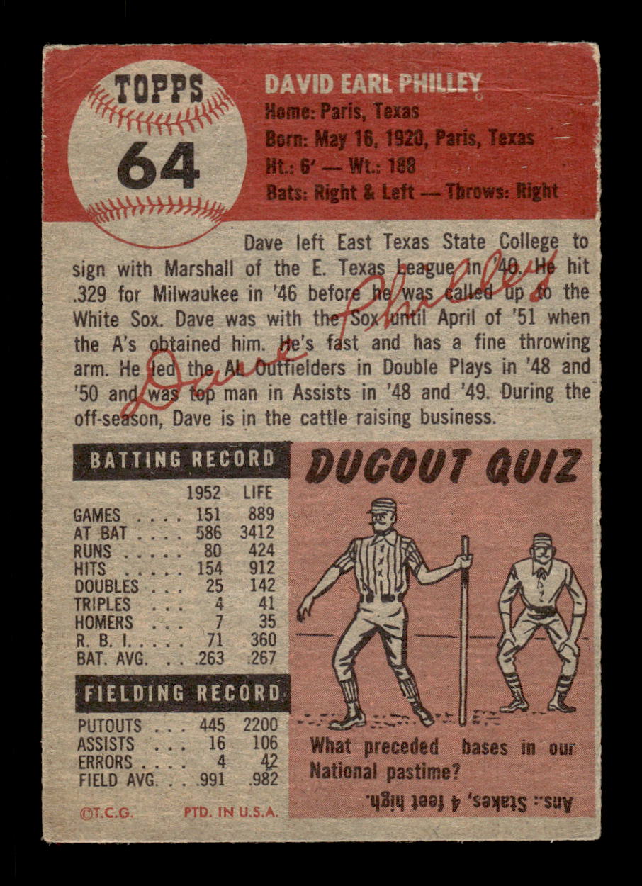 1953 Topps #64 Dave Philley Philadelphia Athletics VG CS26017440