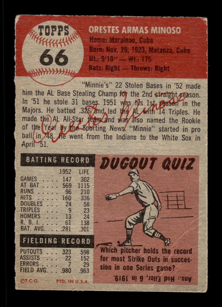 1953 Topps #66 Orestes Minoso Chicago White Sox VG CS26017442