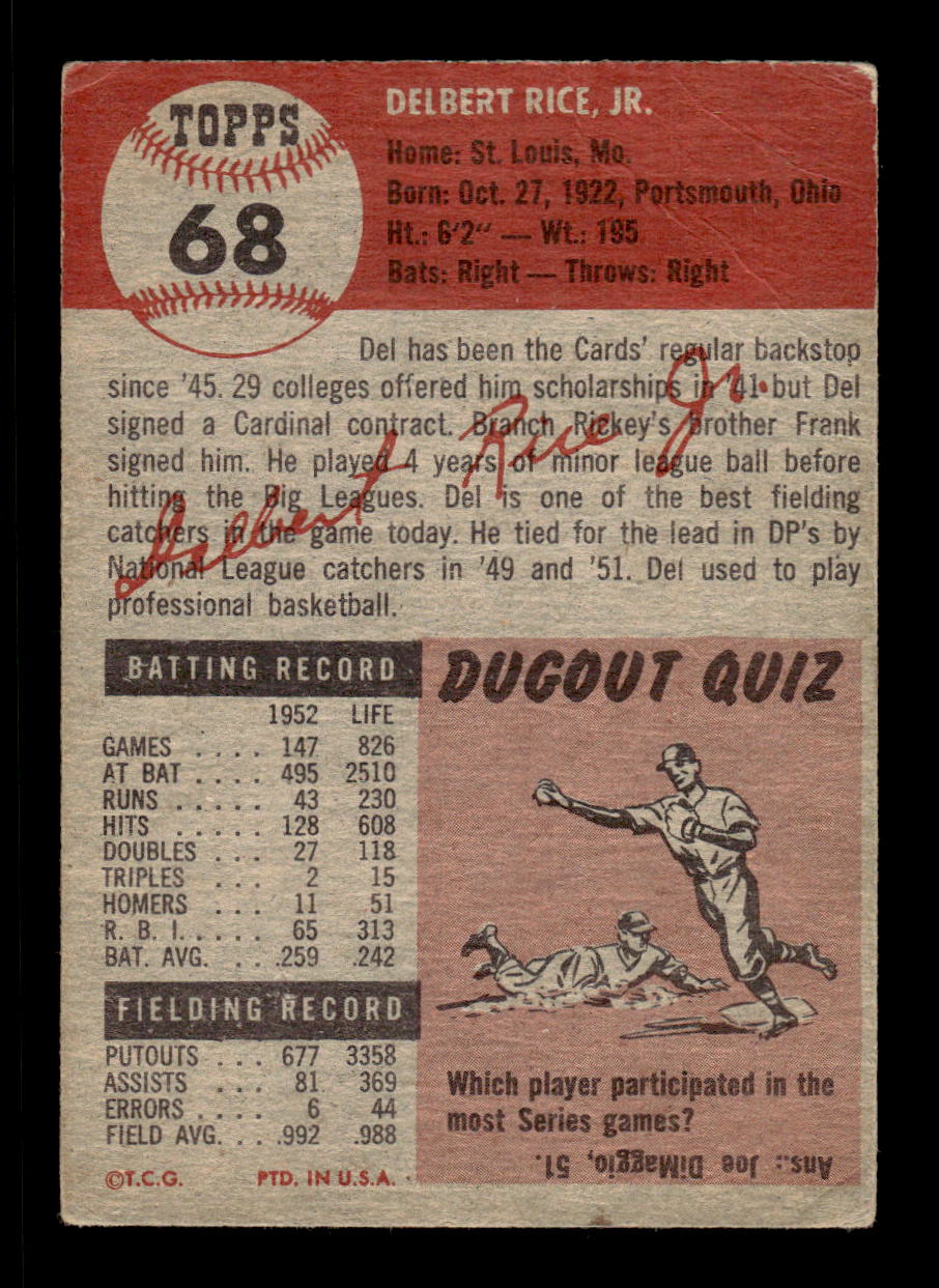 1953 Topps #68 Del Rice St. Louis Cardinals VG CS26017443