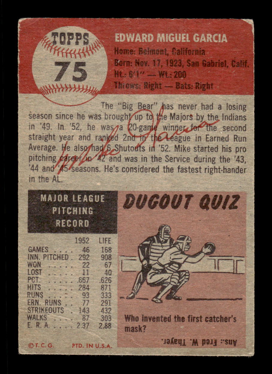 1953 Topps #75 Mike Garcia Cleveland Indians VG CS26017445