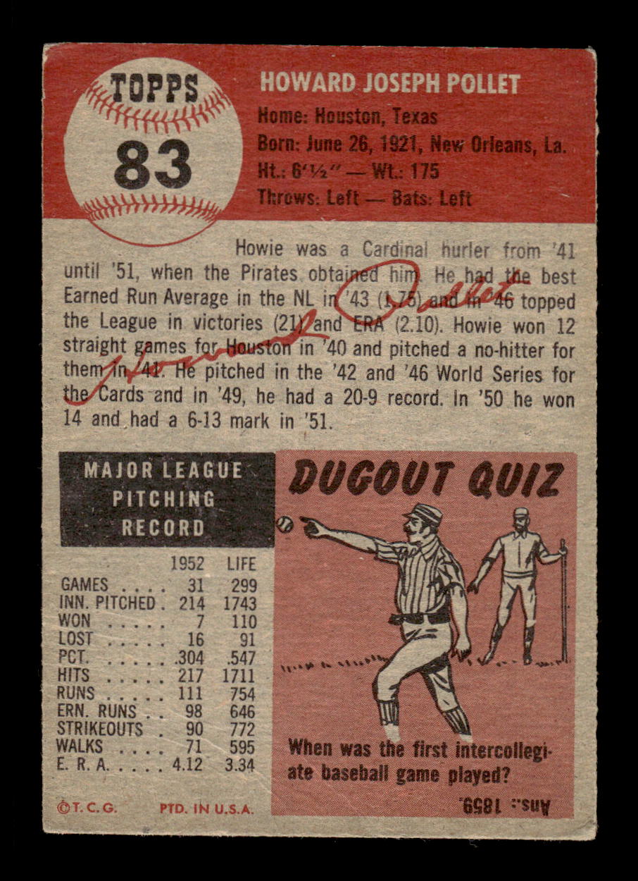 1953 Topps #83 Howie Pollet Pittsburgh Pirates VG CS26017448