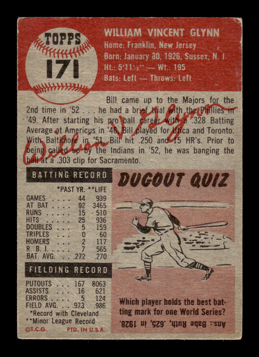 1953 Topps #171 Bill Glynn Cleveland Indians VG CS26017456