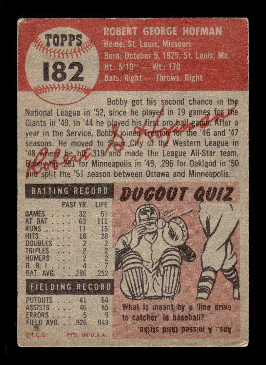 1953 Topps #182 Bobby Hofman New York Giants VG CS26017462