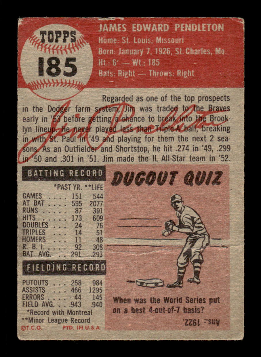 1953 Topps #185 Jim Pendleton Milwaukee Braves LOW GRADE CS26017464