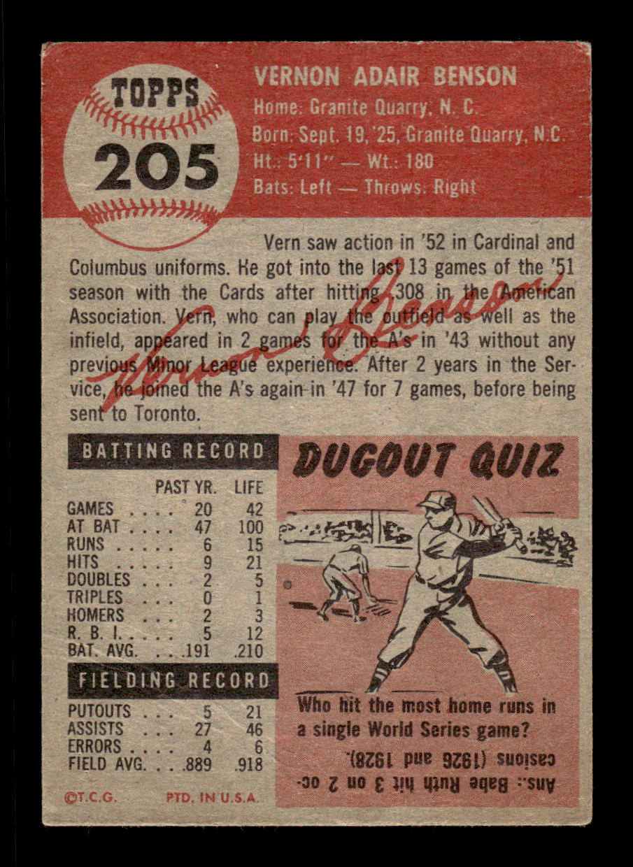 1953 Topps #205 Vern Benson St. Louis Cardinals VG CS26017468