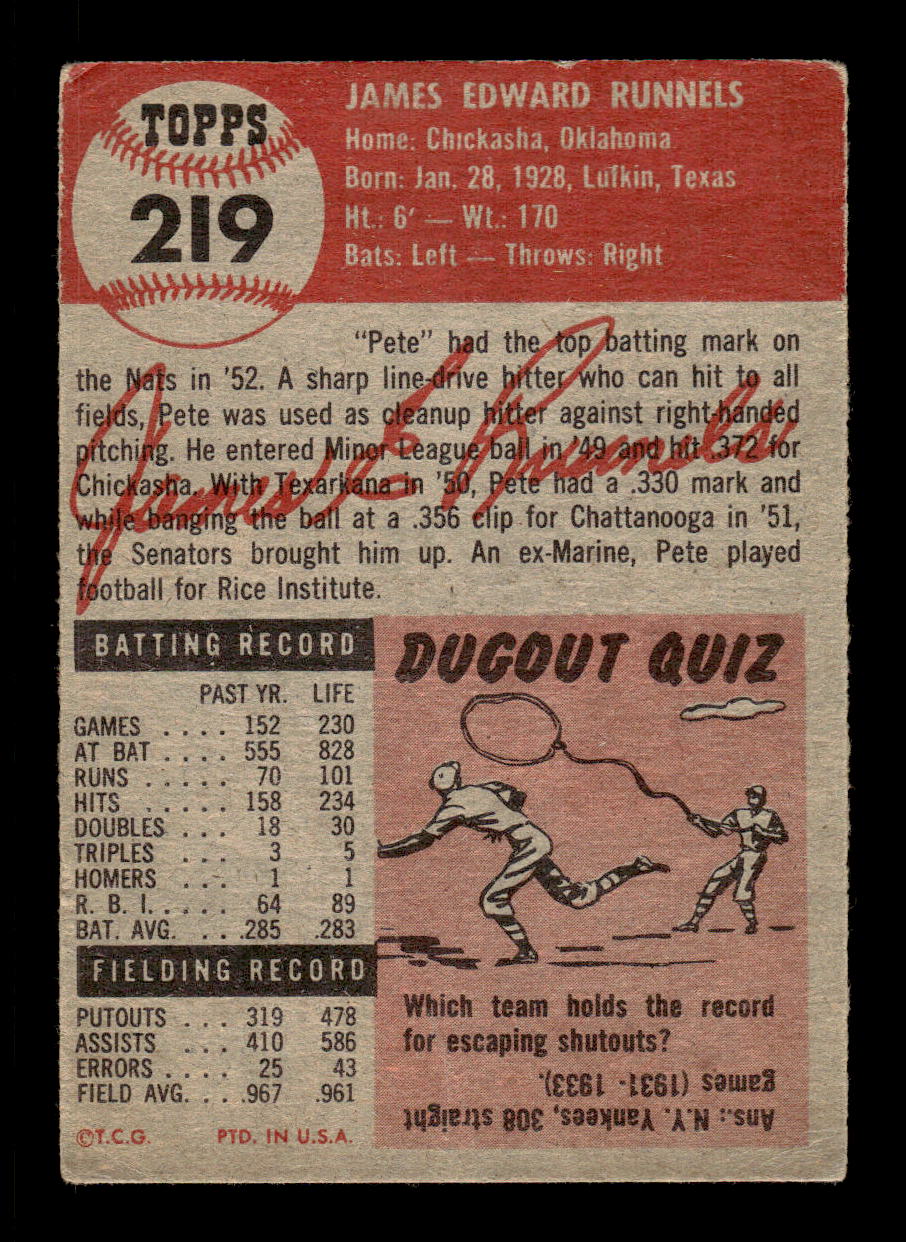 1953 Topps #219 Pete Runnels Washington Senators LOW GRADE CS26017471