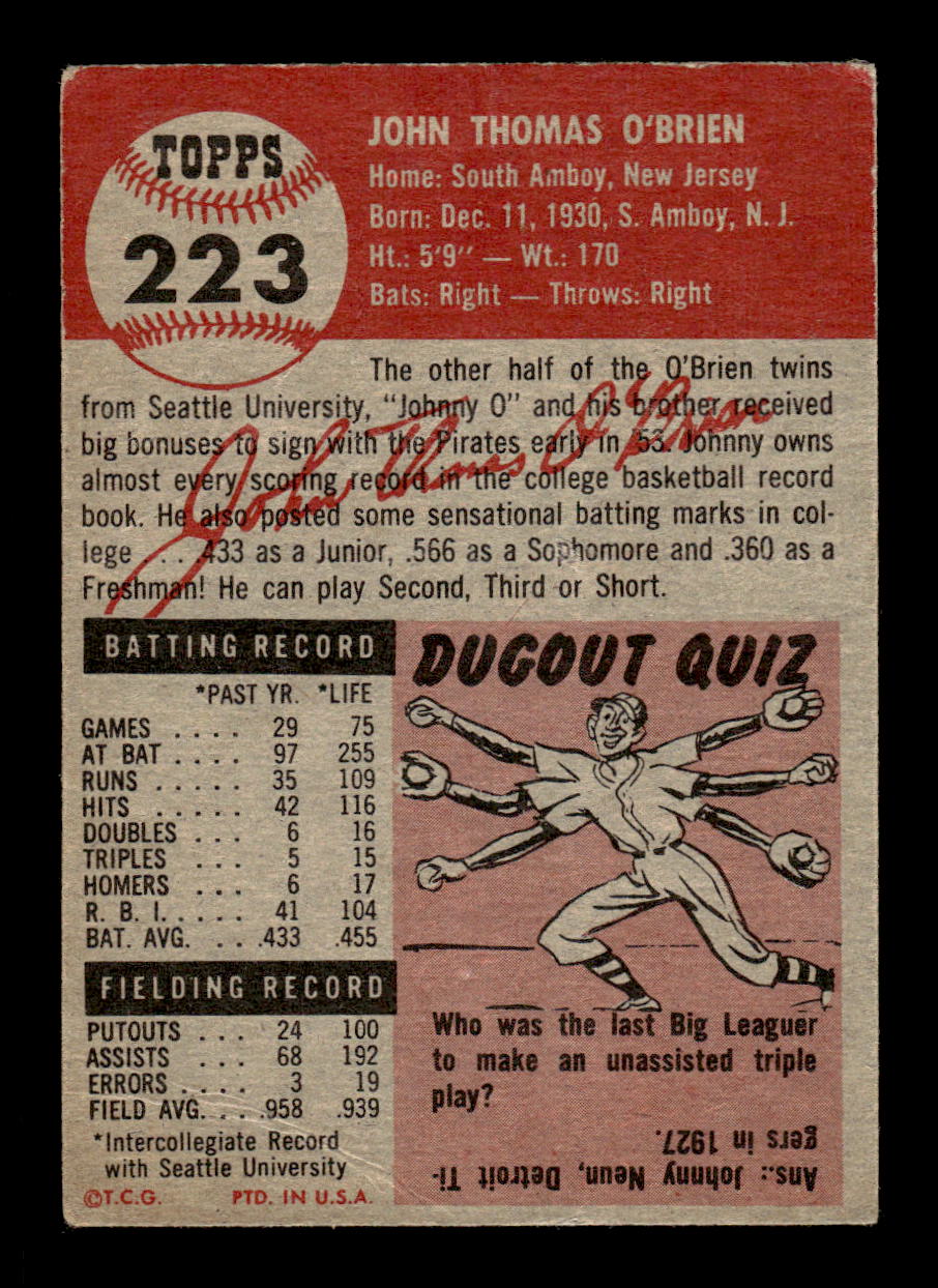 1953 Topps #223 Johnny O'Brien Pittsburgh Pirates VG CS26017472