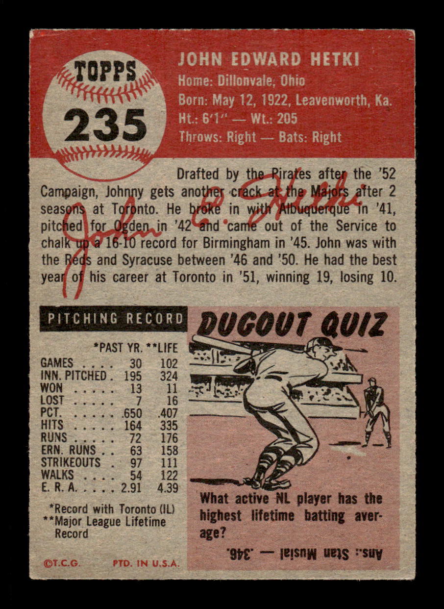 1953 Topps #235 John Hetki Pittsburgh Pirates LOW GRADE CS26017478