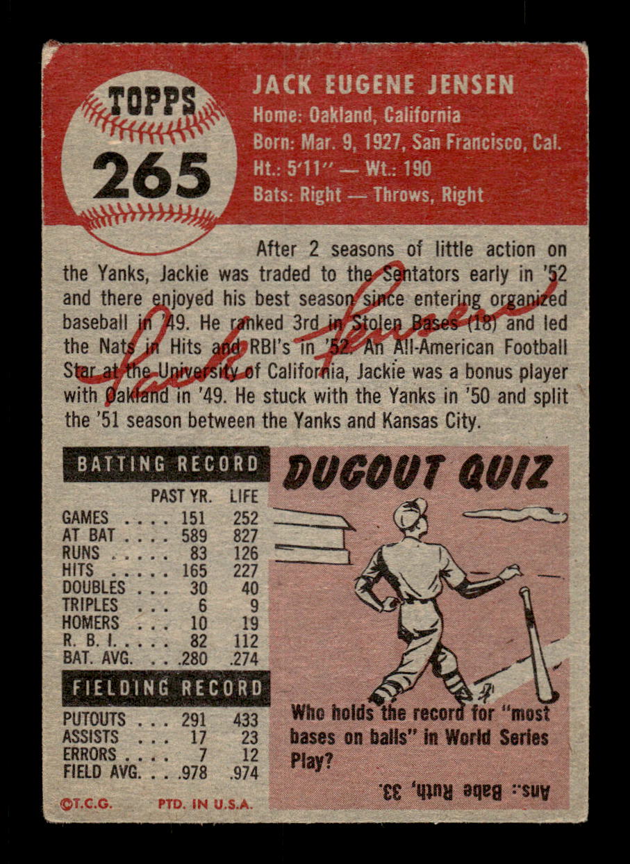 1953 Topps #265 Jackie Jensen Washington Senators LOW GRADE CS26017482