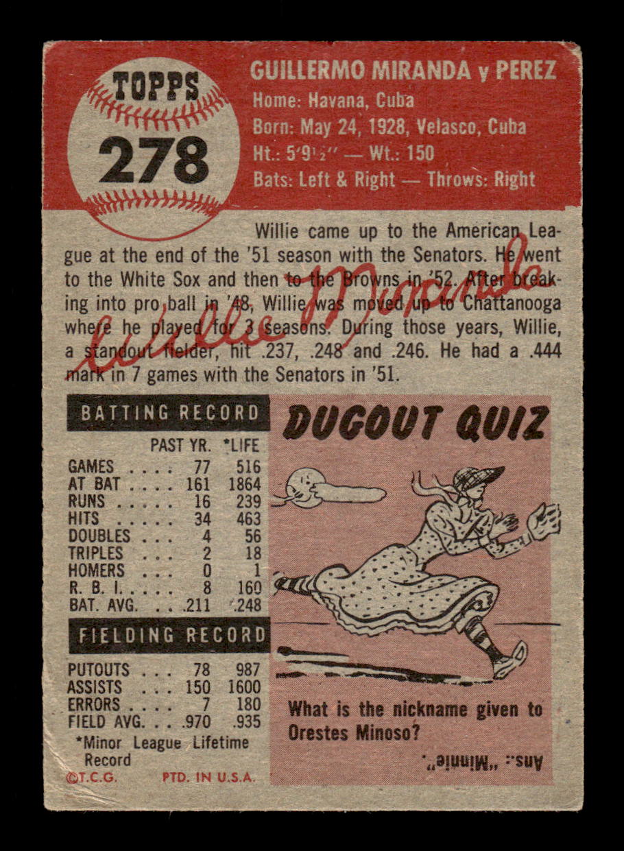 1953 Topps #278 Willy Miranda St. Louis Browns LOW GRADE CS26017484