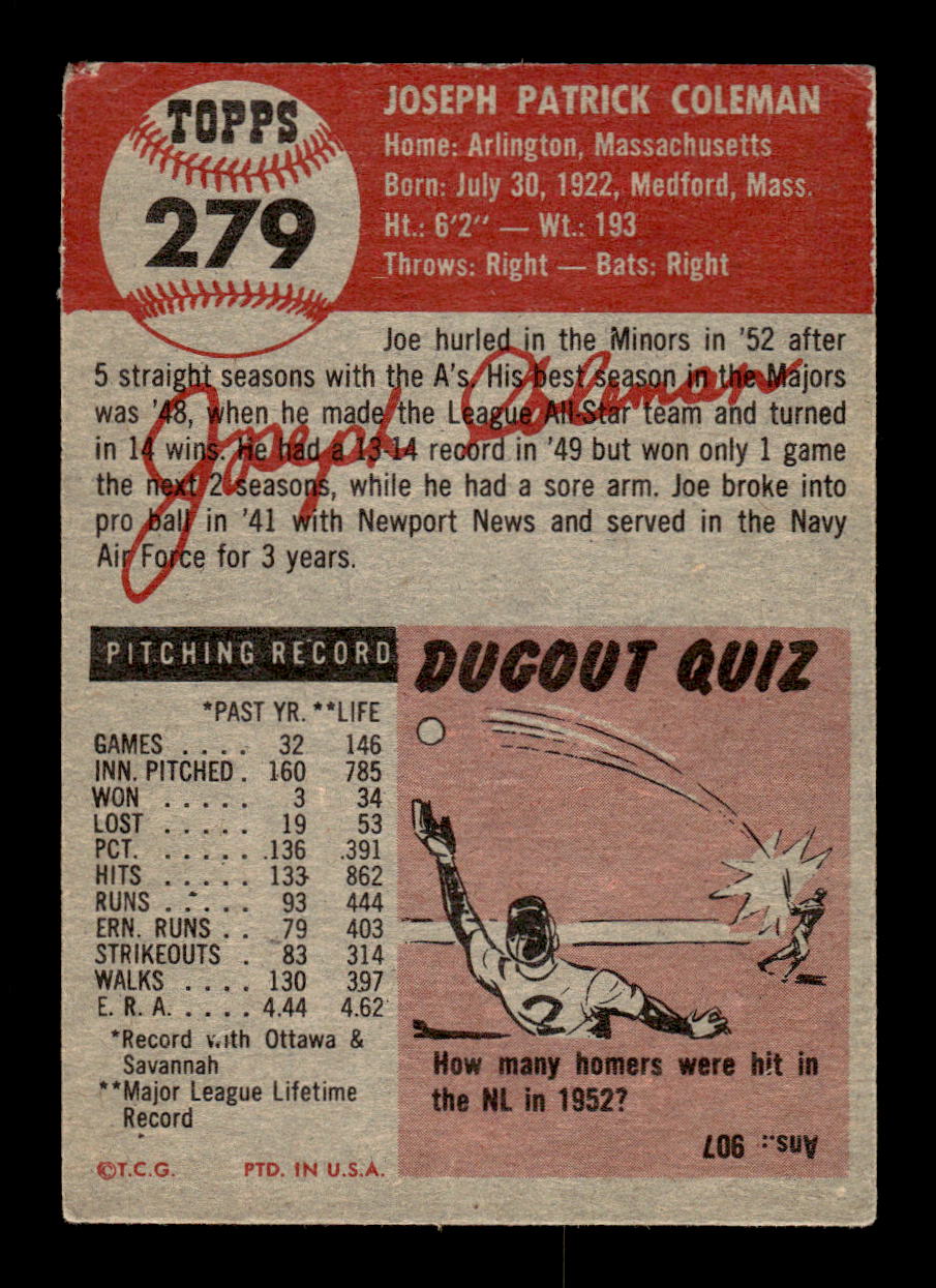 1953 Topps #279 Joe Coleman Philadelphia Athletics LOW GRADE CS26017485