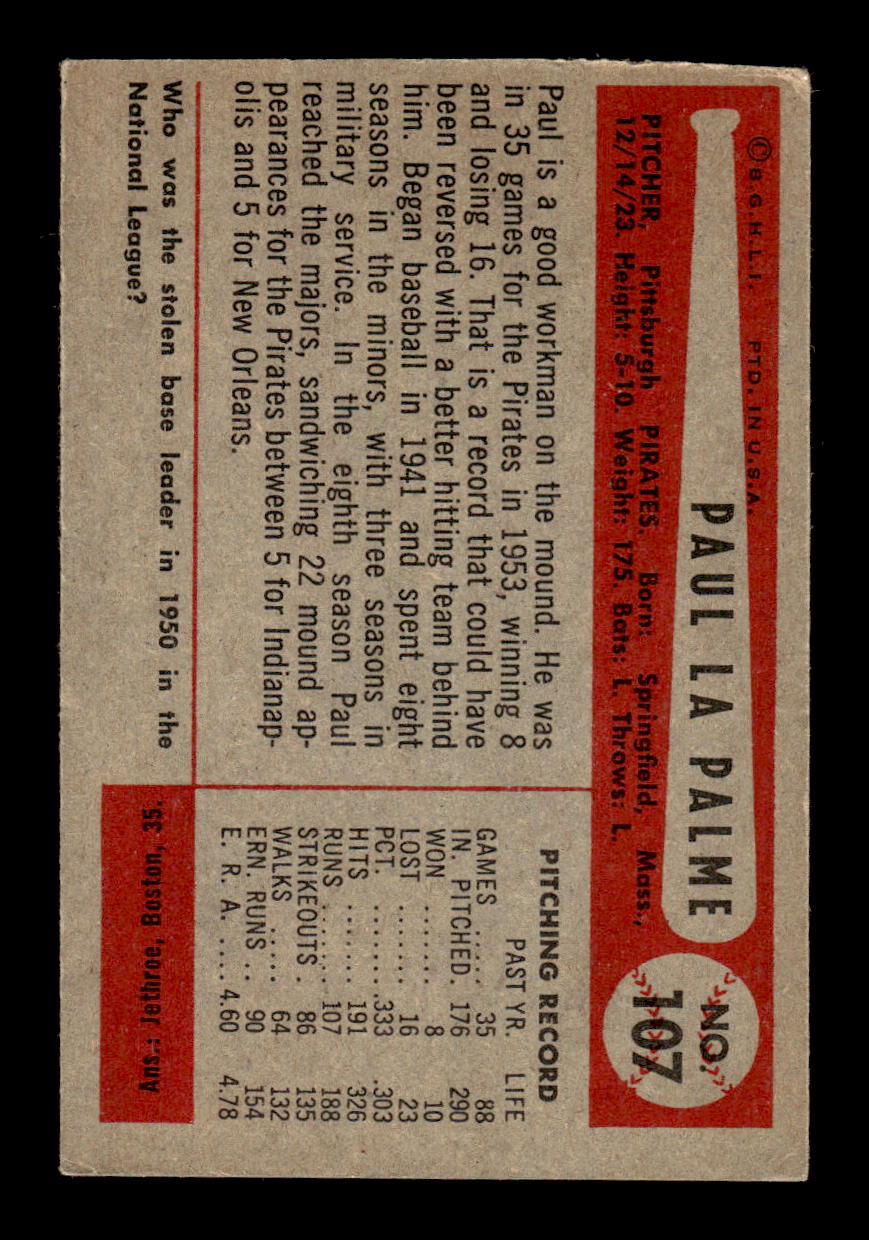 1954 Bowman #107 Paul LaPalme Pittsburgh Pirates VG CS26017488