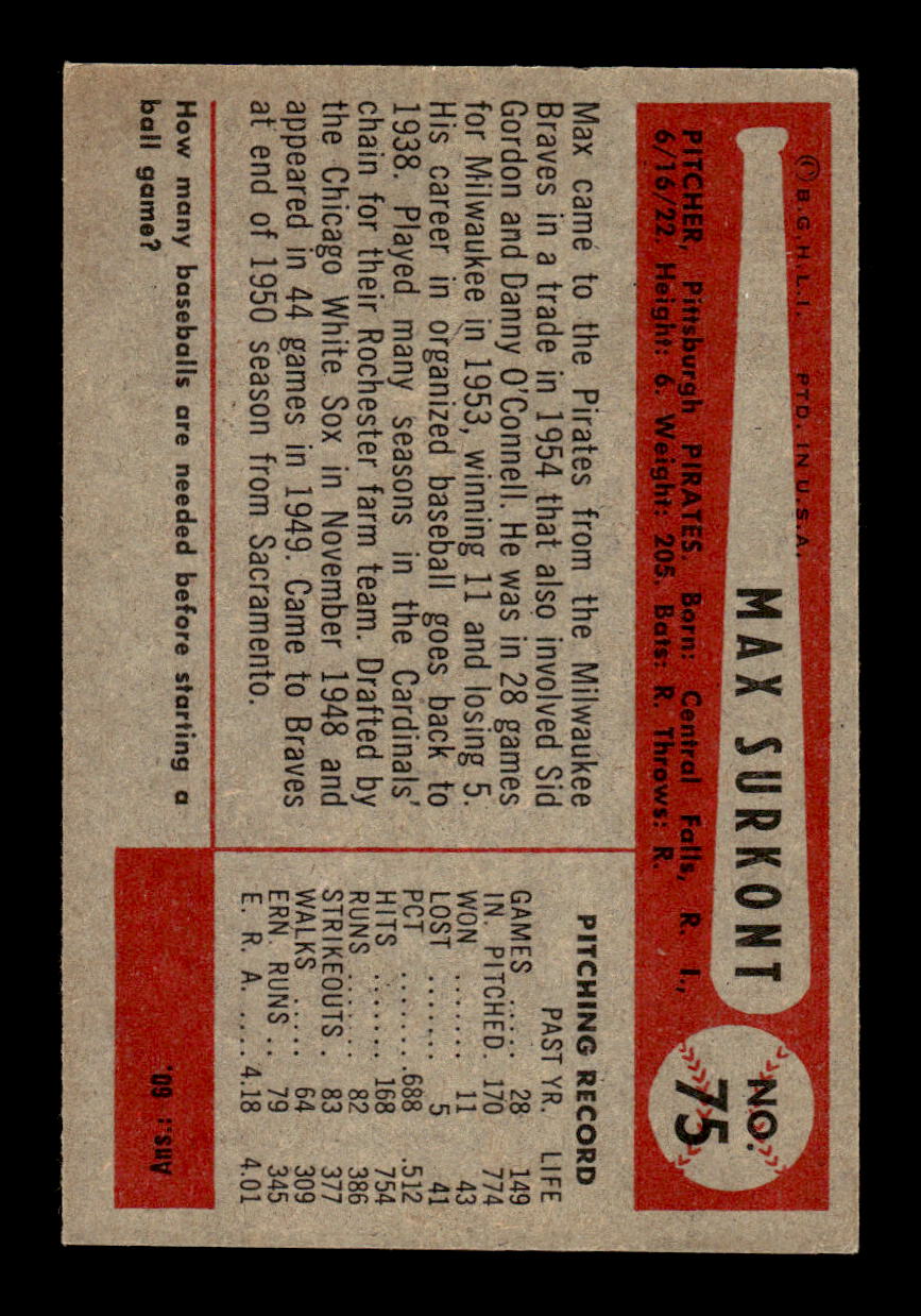 1954 Bowman #75 Max Surkont Pittsburgh Pirates VG CS26017490
