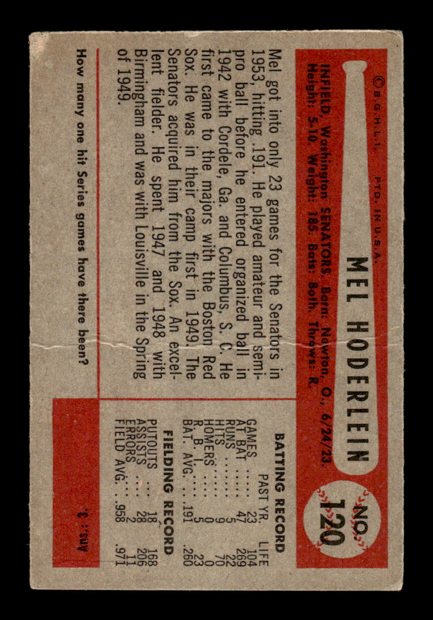 1954 Bowman #120 Mel Hoderlein Washington Senators VG CS26017493