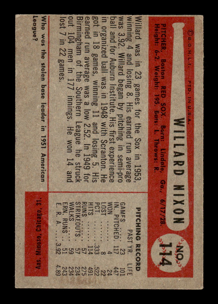 1954 Bowman #114 Willard Nixon Boston Red Sox VG CS26017497