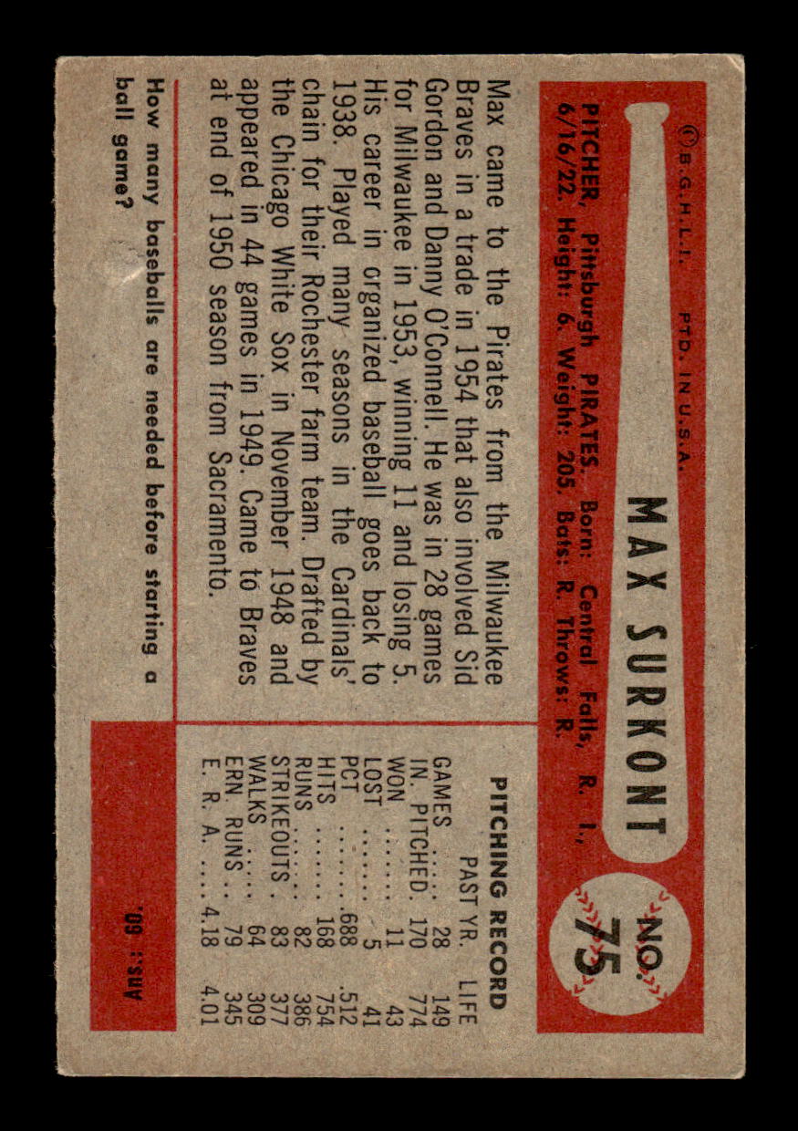 1954 Bowman #75 Max Surkont Pittsburgh Pirates LOW GRADE CS26017498