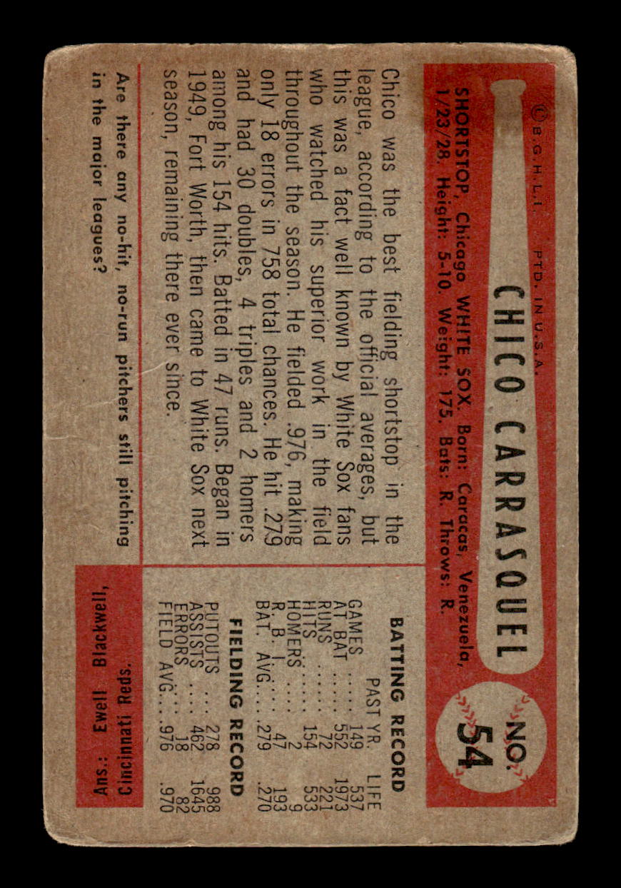 1954 Bowman #54 Chico Carrasquel Chicago White Sox LOW GRADE CS26017506