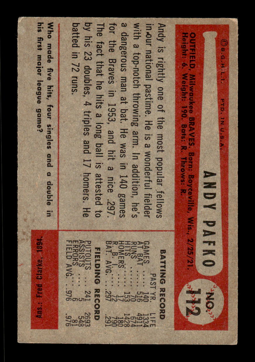 1954 Bowman #112 Andy Pafko Milwaukee Braves VG CS26017509