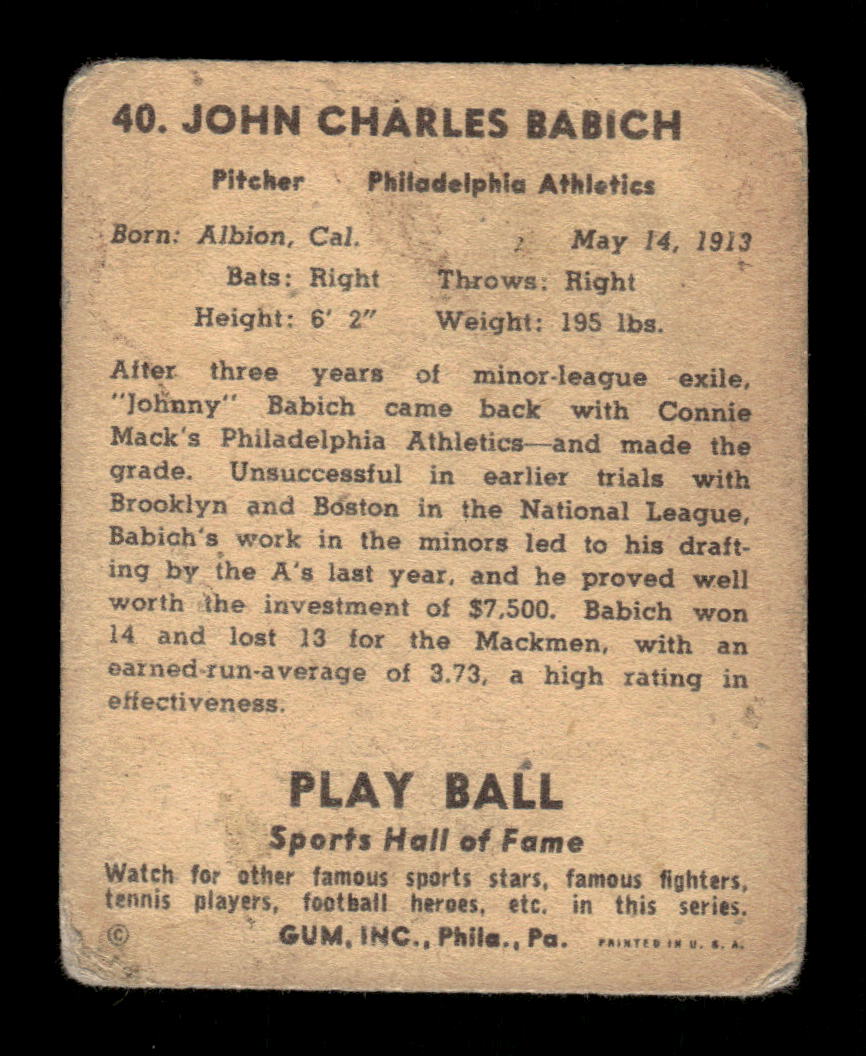 1941 Play Ball #40 Johnny Babich Philadelphia Athletics Poor CS26017510