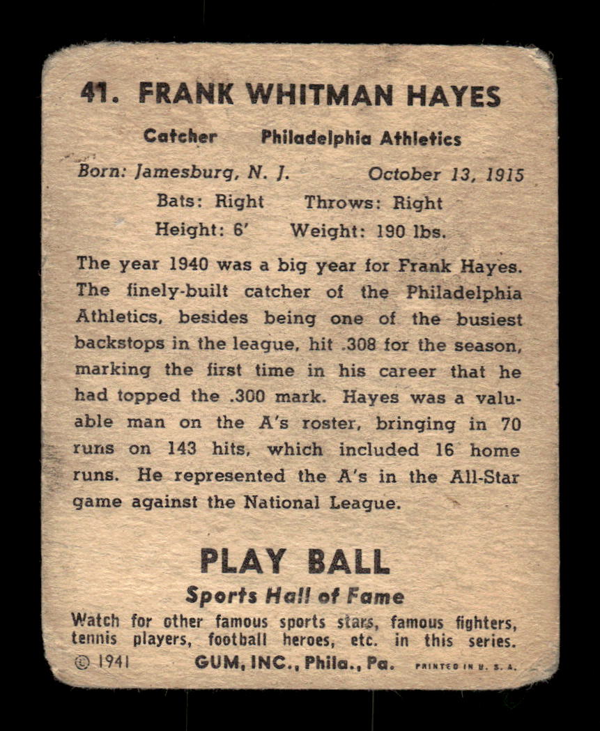 1941 Play Ball #41 Frankie Hayes Philadelphia Athletics Poor CS26017512
