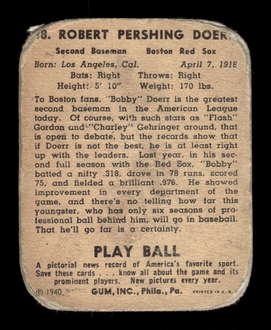 1940 Play Ball #38 Bobby Doerr Boston Red Sox LOW GRADE CS26017515