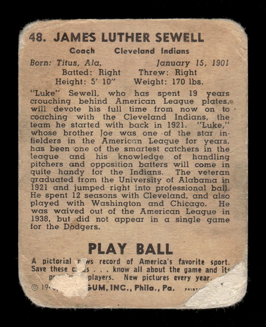 1940 Play Ball #48 Luke Sewell Cleveland Indians LOW GRADE CS26017516