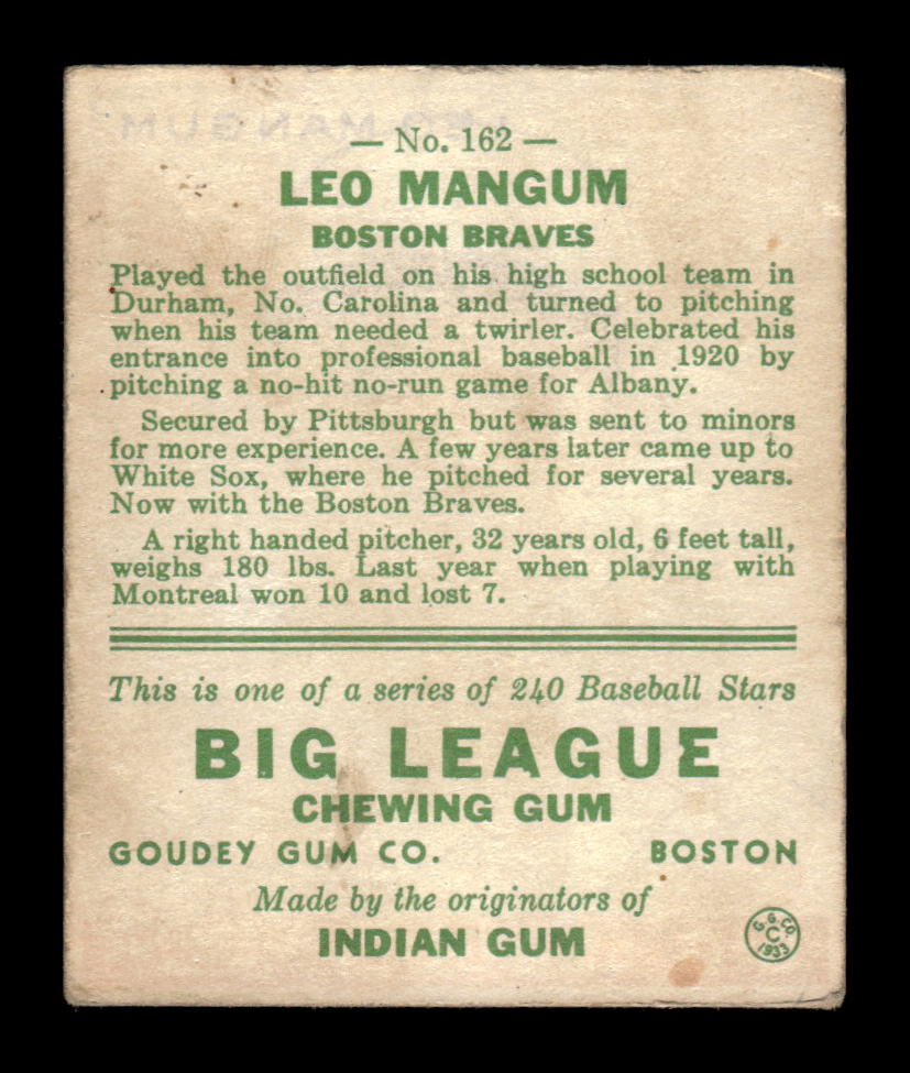 1933 Goudey (R319) #162 Leo Mangum Boston Braves LOW GRADE CS26017521