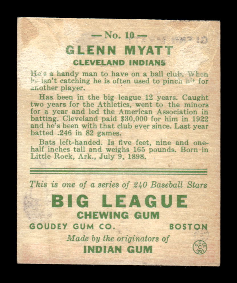 1933 Goudey (R319) #10 Glenn Myatt Cleveland Indians Poor CS26017523