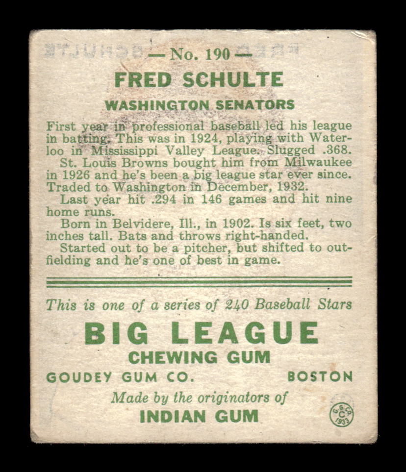 1933 Goudey (R319) #190 Fred Schulte Washington Senators Poor CS26017526