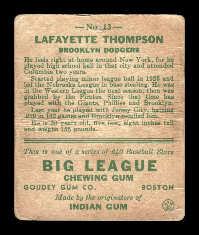 1933 Goudey (R319) #13 Lafayette Thompson Brooklyn Dodgers Poor CS26017530