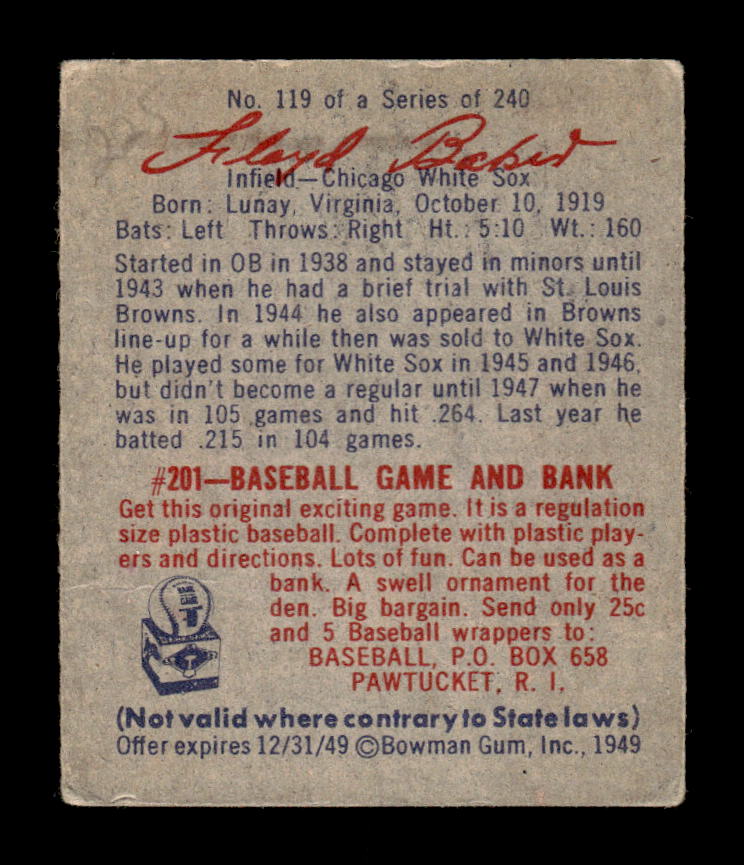1949 Bowman #119 Floyd Baker Chicago White Sox VG CS26017535