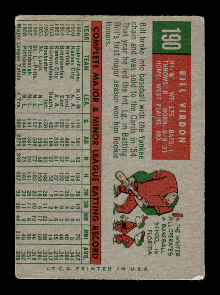 1959 Topps #190 Bill Virdon Pittsburgh Pirates SIGNED ON CARD CS26017553