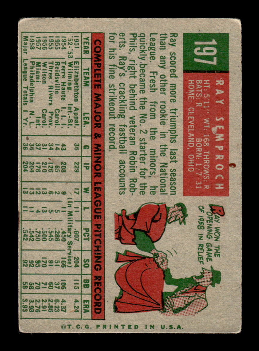 1959 Topps #197 Ray Semproch Philadelphia Phillies SIGNED ON CARD CS26017572