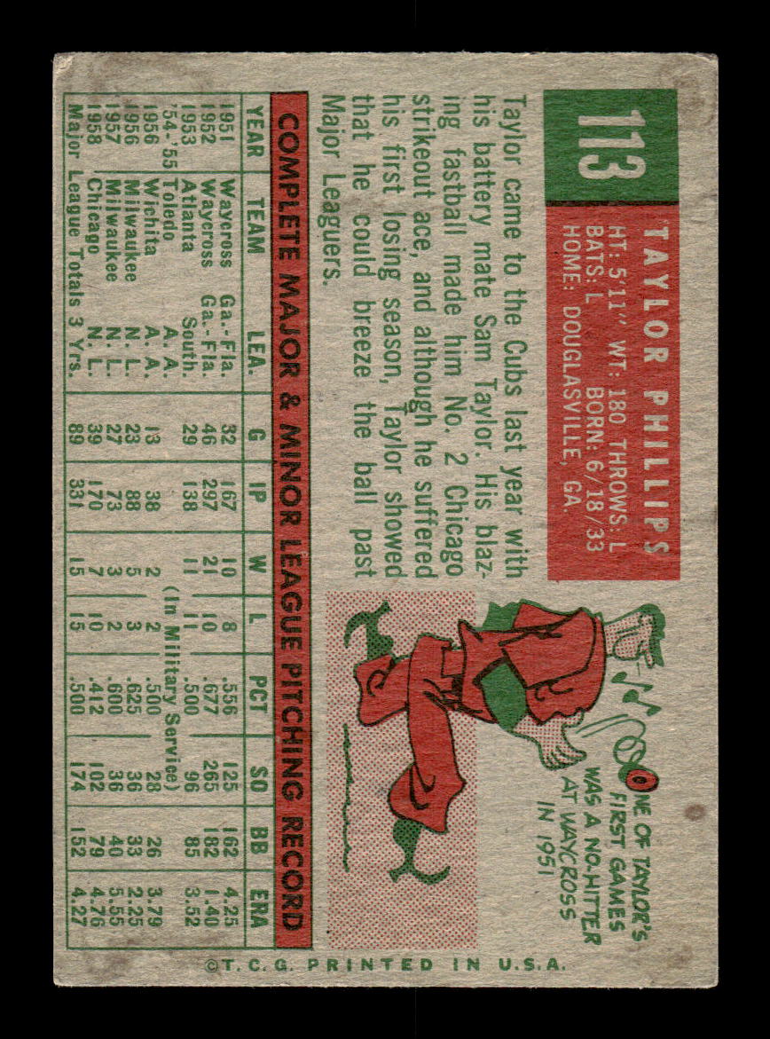 1959 Topps #113 Taylor Phillips Chicago Cubs SIGNED ON CARD CS26017626