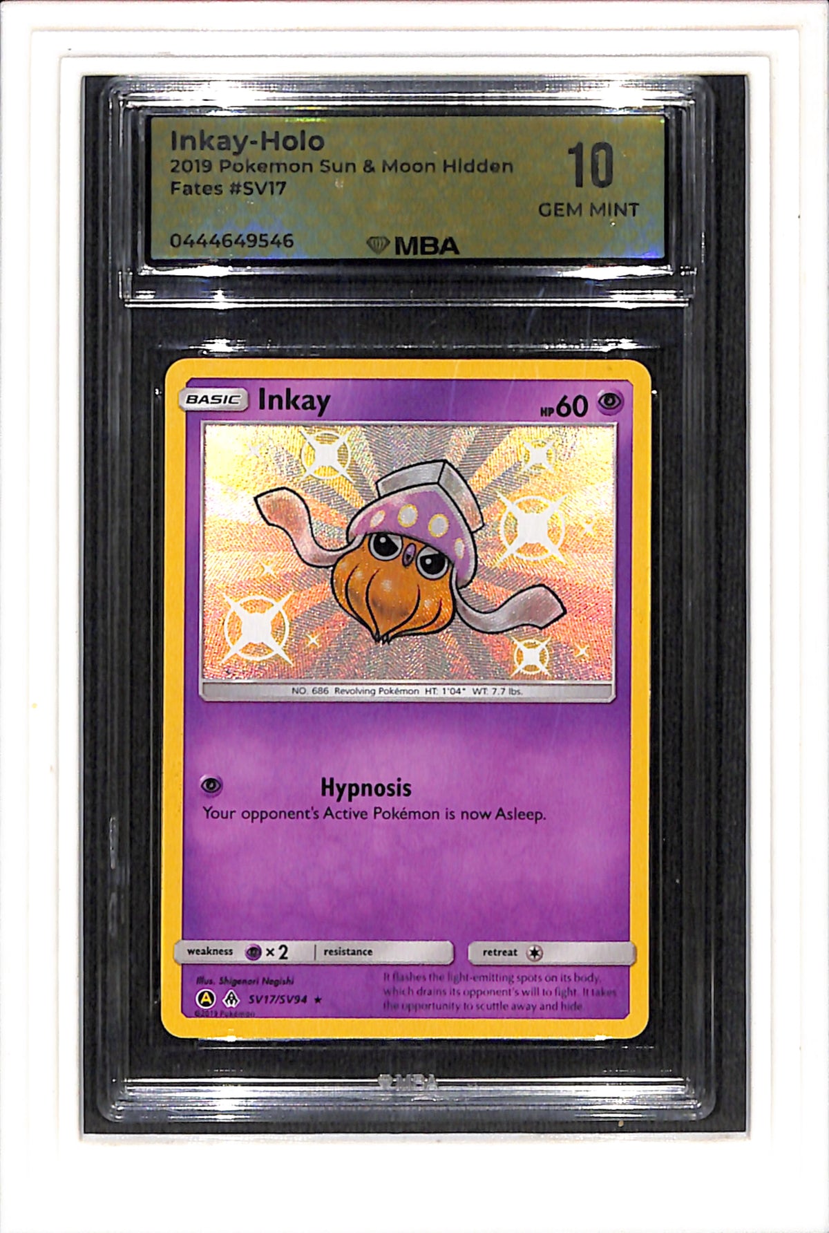 Hidden Fates: Shiny Vault #SV17/SV94 Inkay MBA 10 SN 444649546