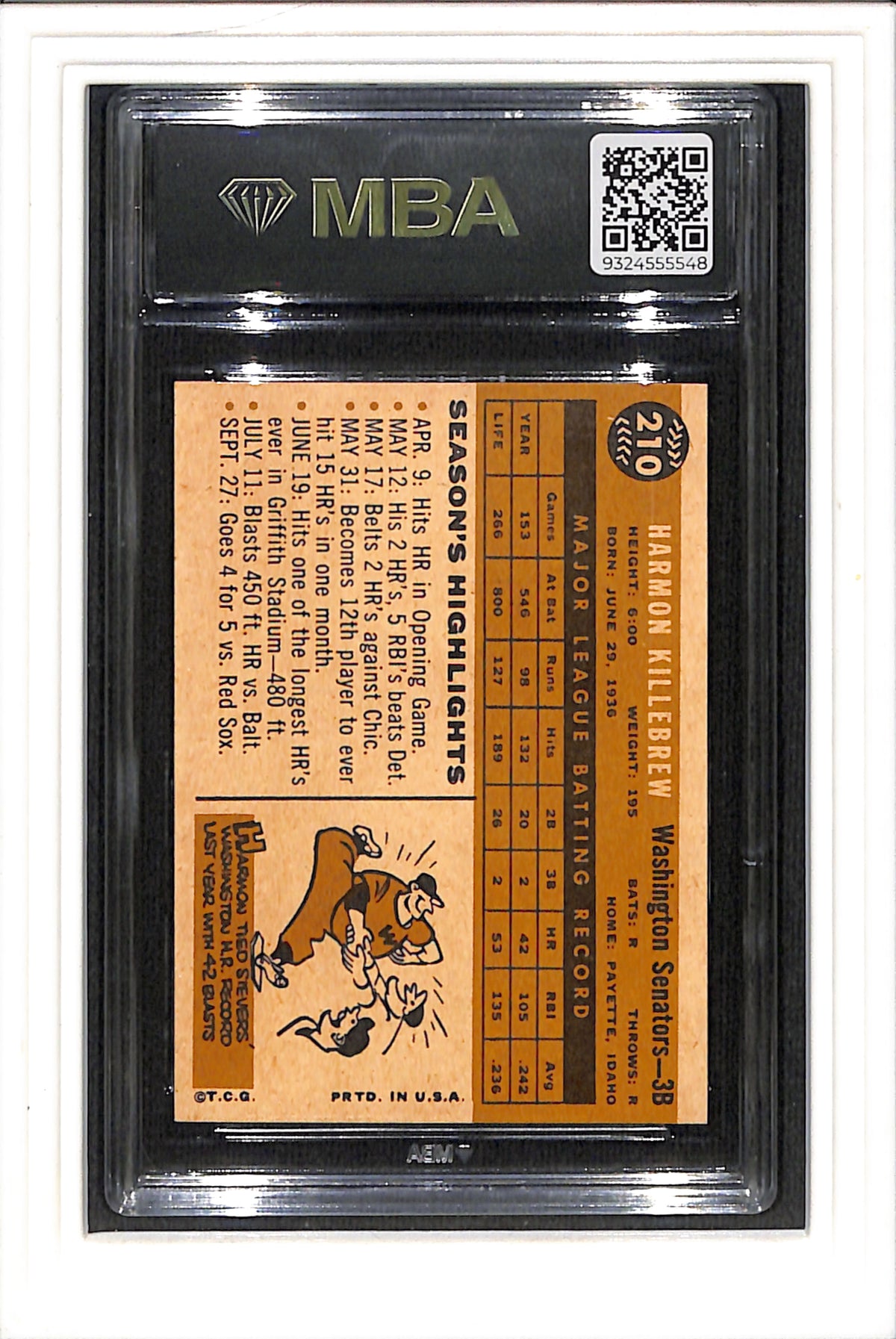 1960 Topps #210 Harmon Killebrew MBA 6 SN 9324555548
