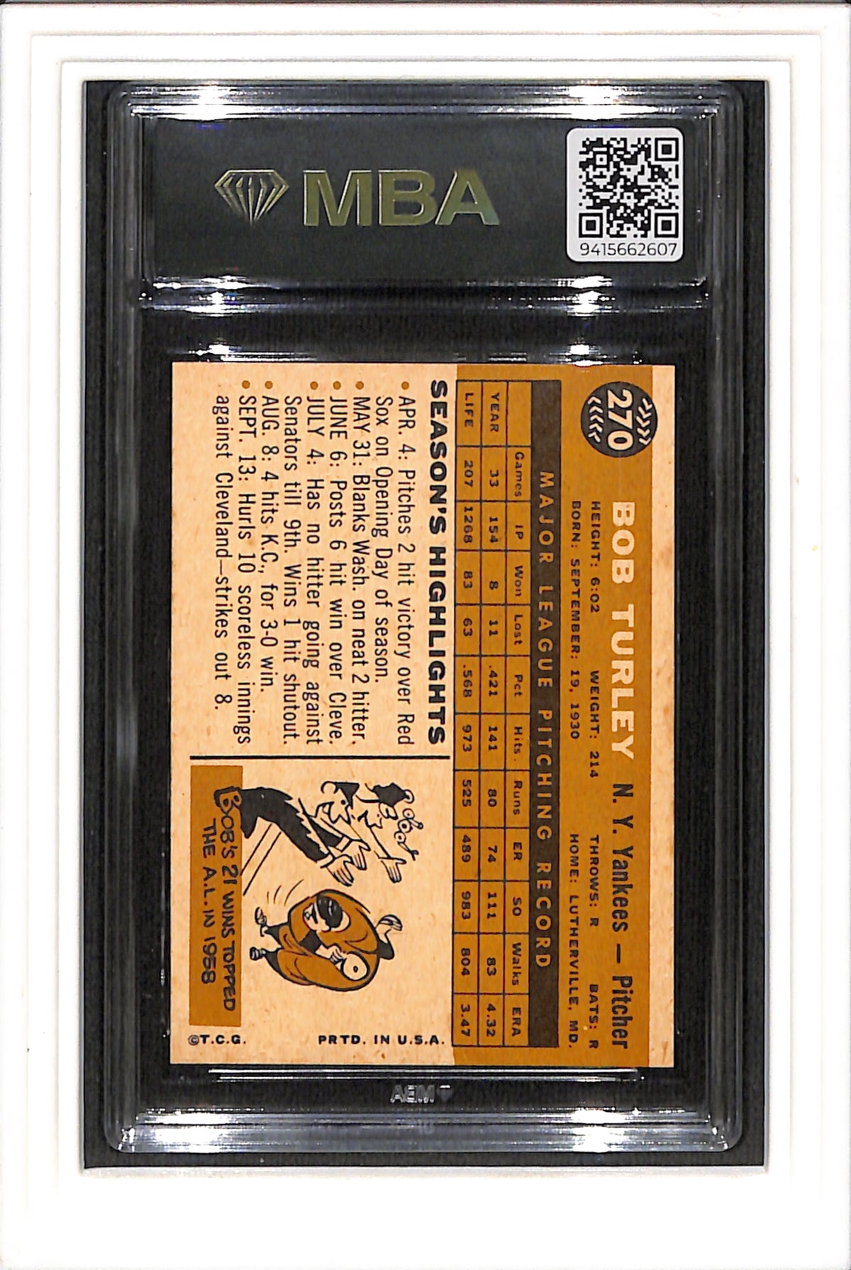 1960 Topps #270 Bob Turley MBA 5 SN 9415662607