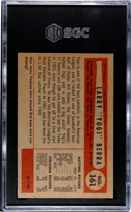 1954 Bowman #161 Yogi Berra SGC 6 SN 5310698 Centered!