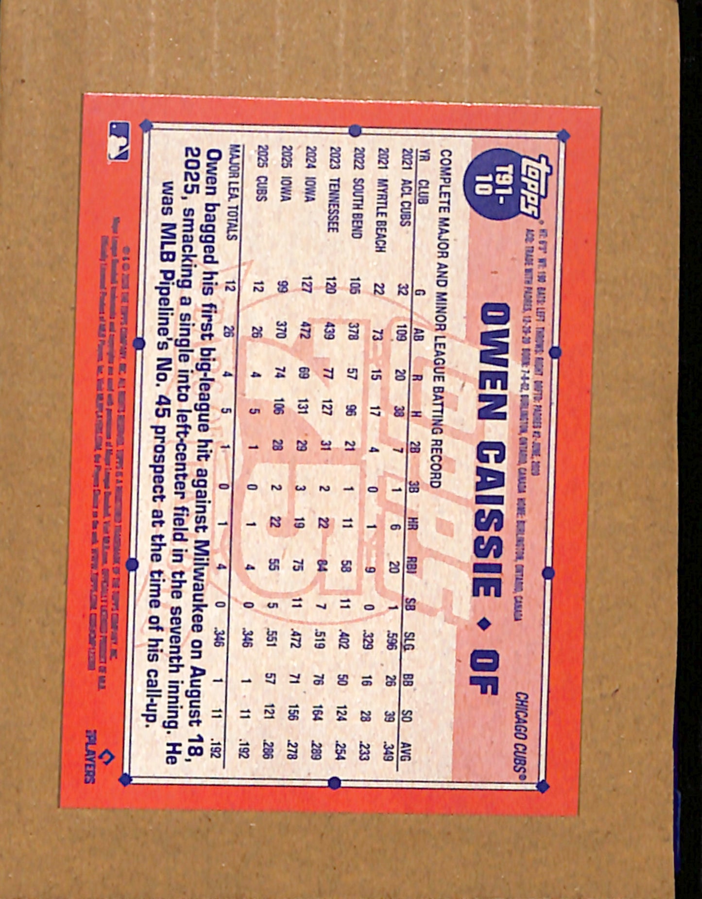 2026 Topps #T91-10 Owen Caissie Chicago Cubs NMT CS26017782